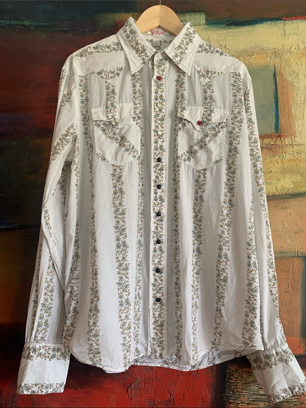 DIESEL Y2K Vintage 100% Cotton Western Floral Stripe Shirt, Sz XXL